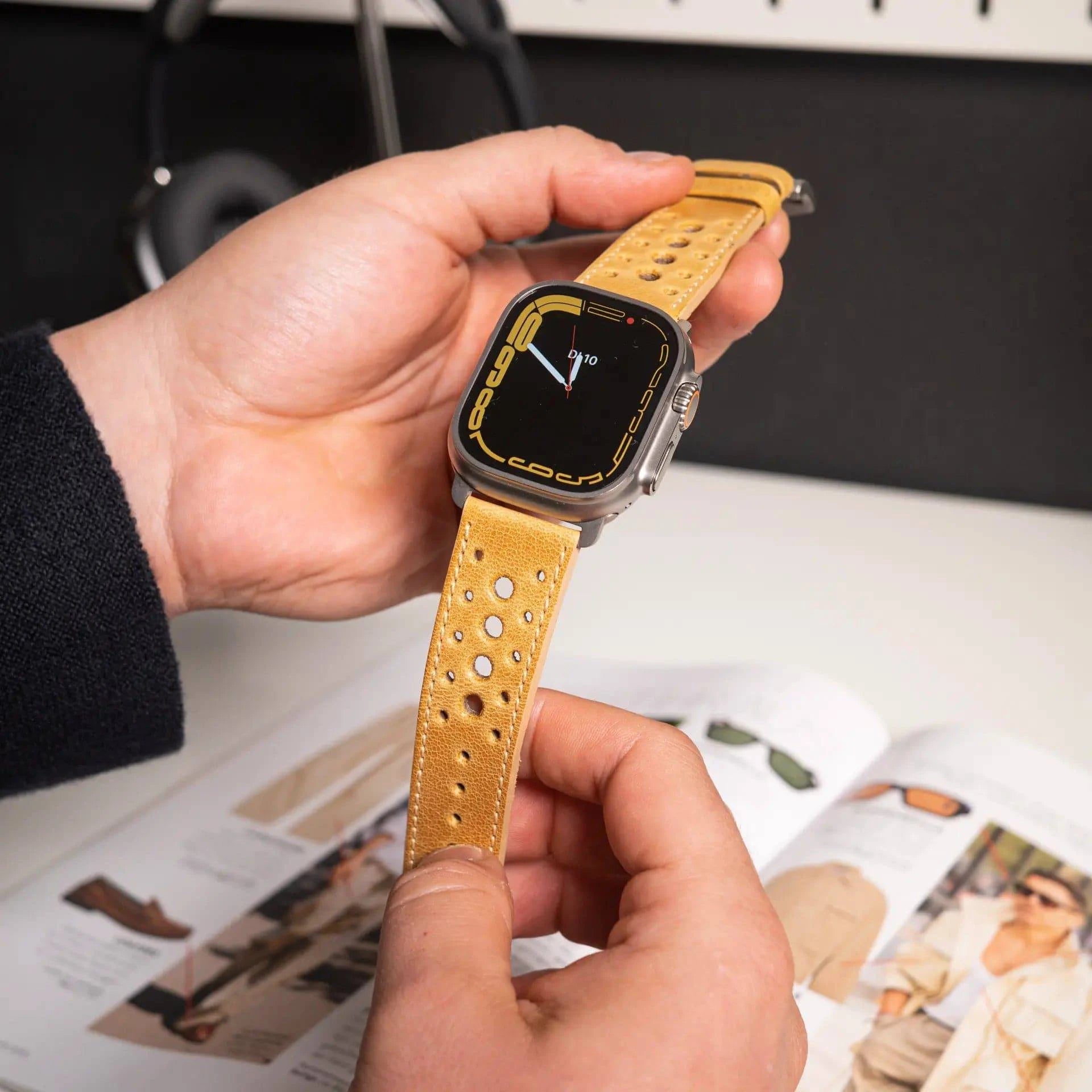 Monaco · Vintage · Senf-Edelband-Lederarmband-Apple Watch