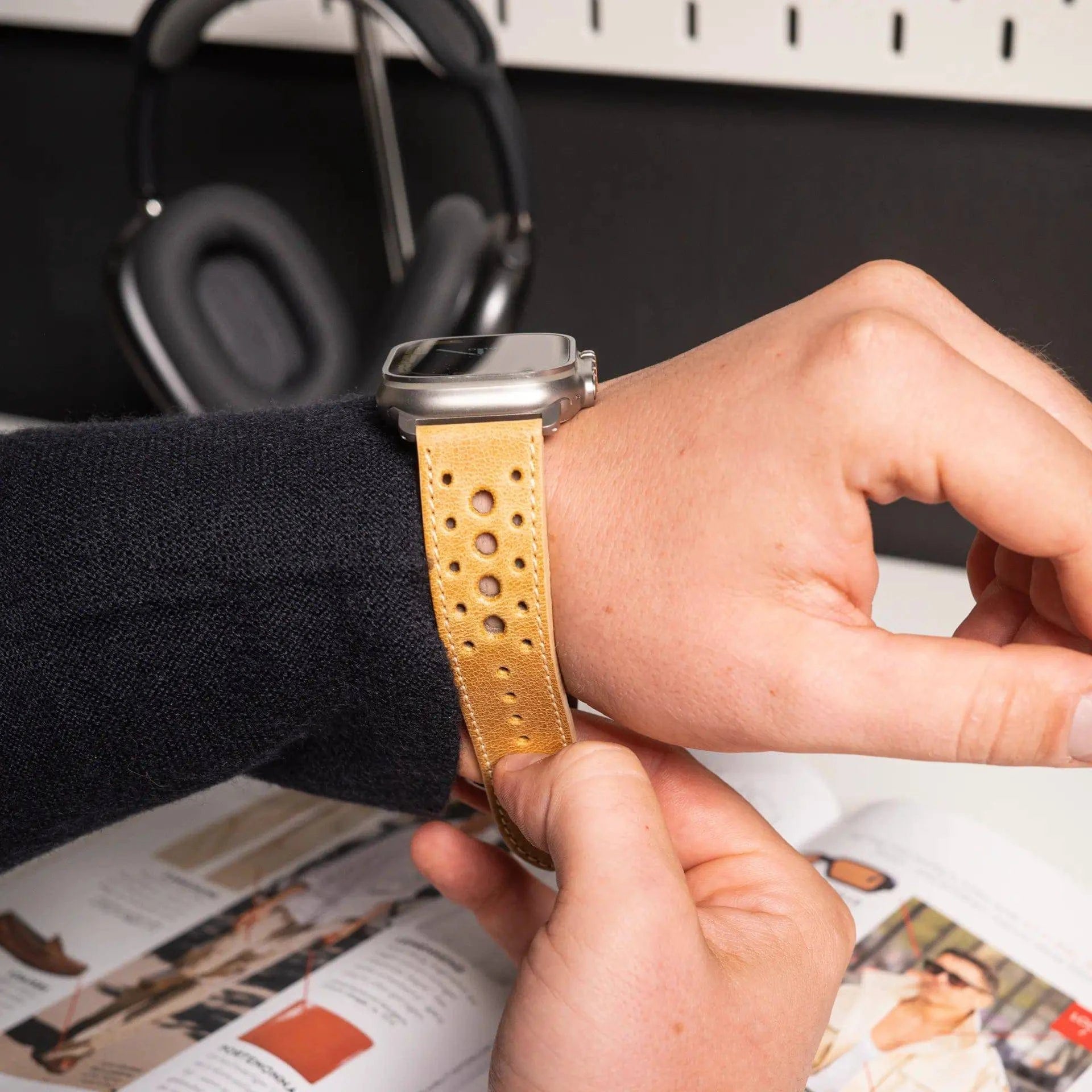 Monaco · Vintage · Senf-Edelband-Lederarmband-Apple Watch