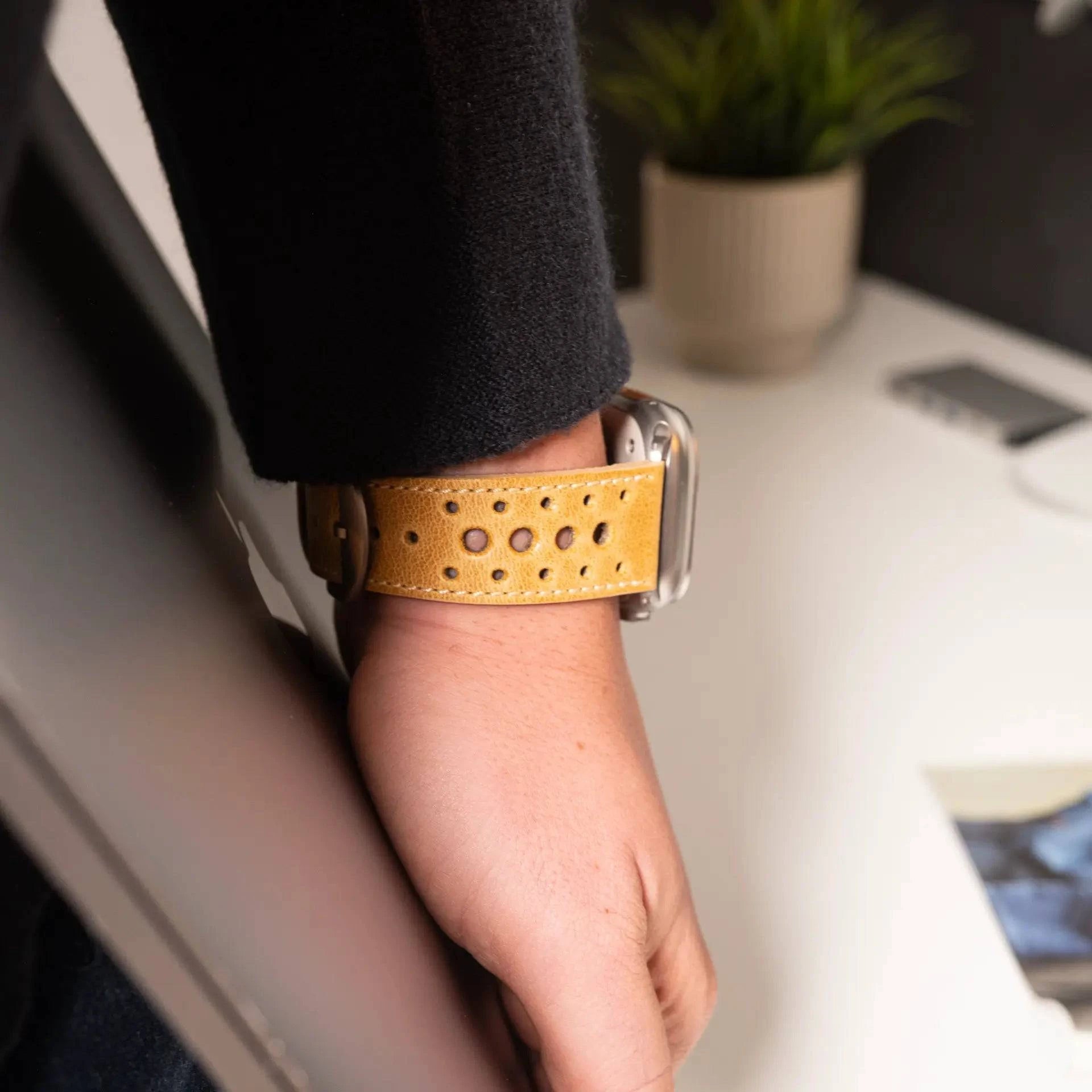 Monaco · Vintage · Senf-Edelband-Lederarmband-Apple Watch